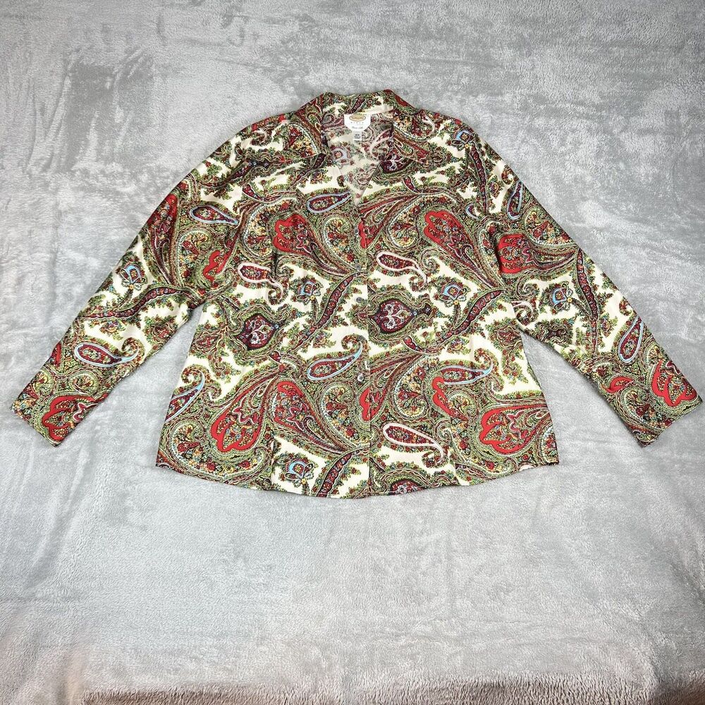 Vintage Talbots Silk Paisley Blouse‎ Luxury Colorful V Neck Artsy Plus Size 18W